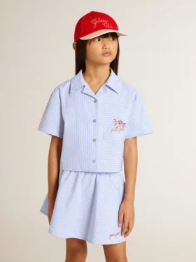 Chemise courte pour fille en coton rayé bleu clair