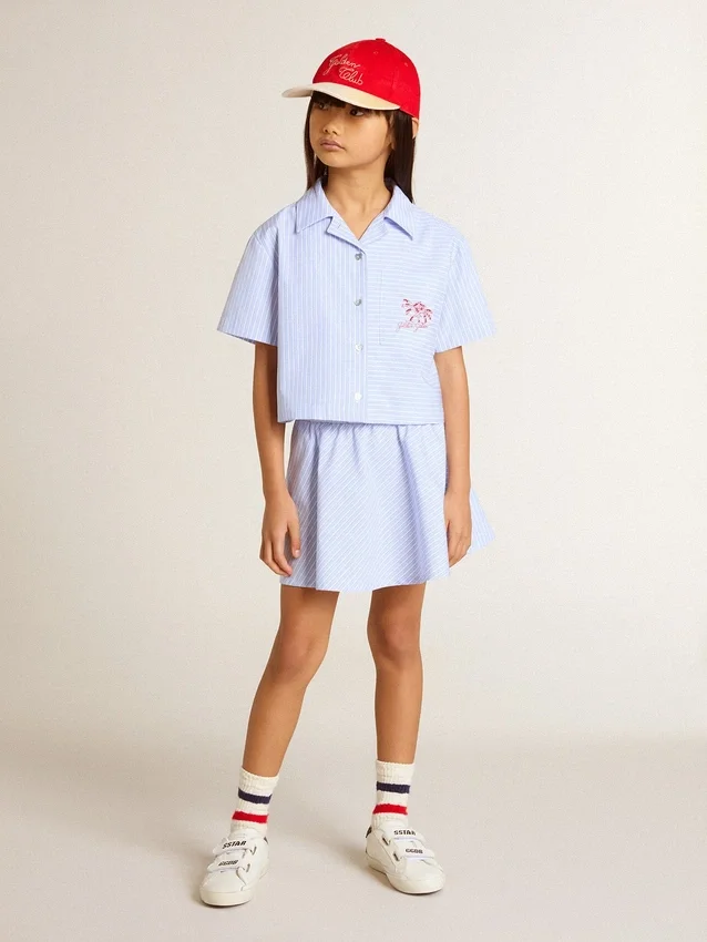 Chemise courte pour fille en coton rayé bleu clair