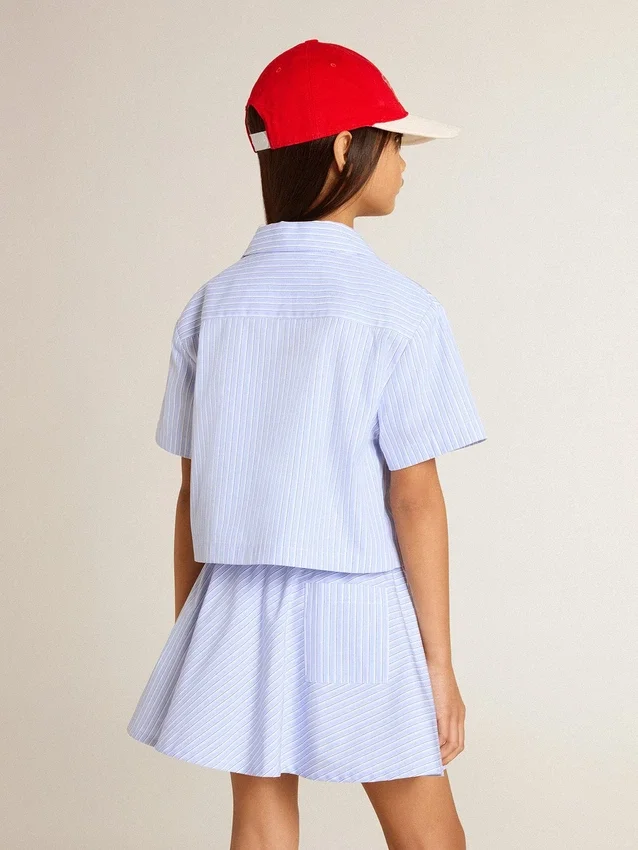 Chemise courte pour fille en coton rayé bleu clair