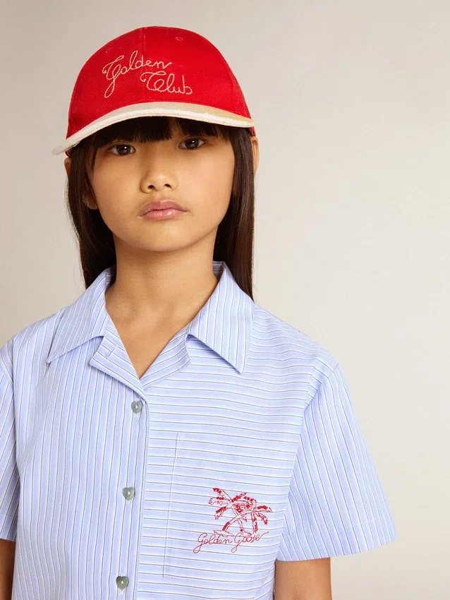 Chemise courte pour fille en coton rayé bleu clair