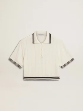 Chemise de polo pour femme en coton blanc délavé avec bordures côtelées bleues