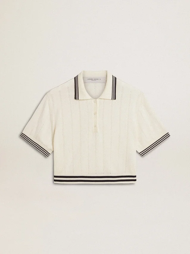 Chemise de polo pour femme en coton blanc délavé avec bordures côtelées bleues