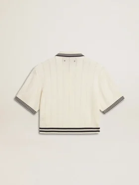 Chemise de polo pour femme en coton blanc délavé avec bordures côtelées bleues