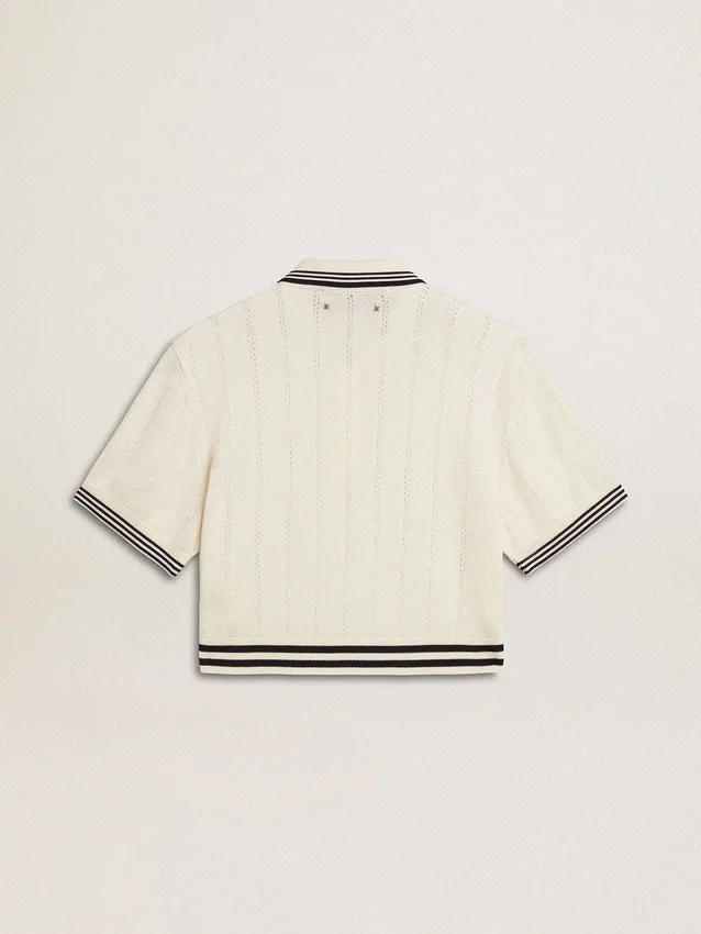 Chemise de polo pour femme en coton blanc délavé avec bordures côtelées bleues