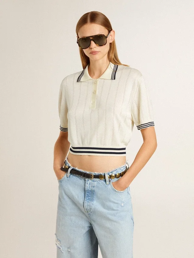 Chemise de polo pour femme en coton blanc délavé avec bordures côtelées bleues