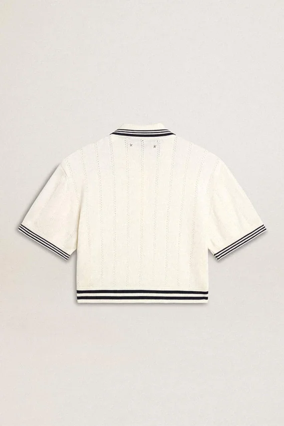 Chemise de polo pour femme en coton blanc délavé avec bordures côtelées bleues