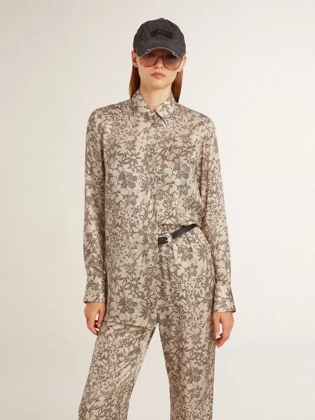 Chemise de pyjama pour femme en mélange de soie à imprimé floral