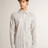 Chemise en coton blanc pour homme à fines rayures bordeaux