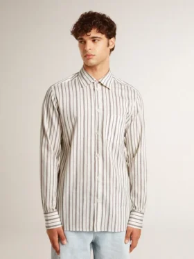 Chemise en coton blanc pour homme à fines rayures bordeaux