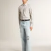 Chemise en coton blanc pour homme à fines rayures bordeaux