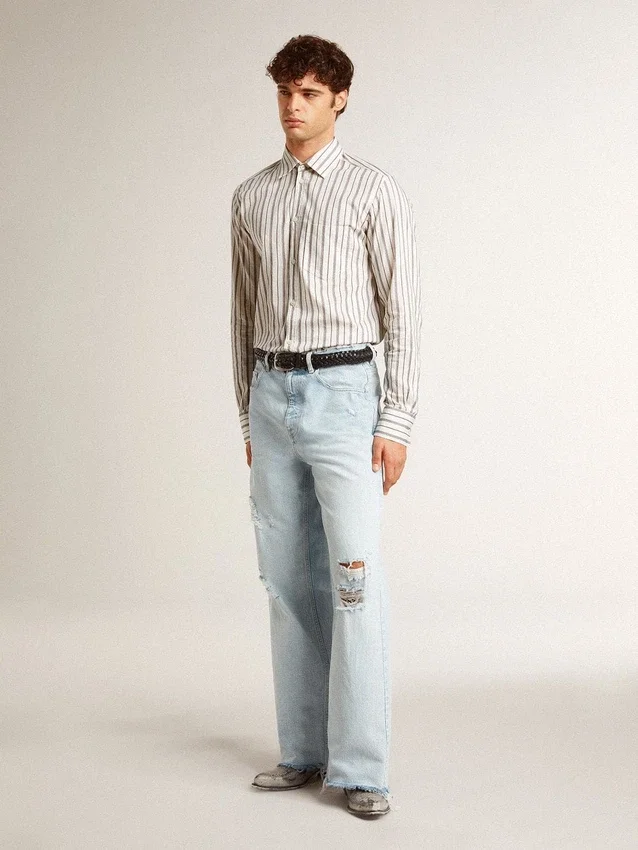 Chemise en coton blanc pour homme à fines rayures bordeaux