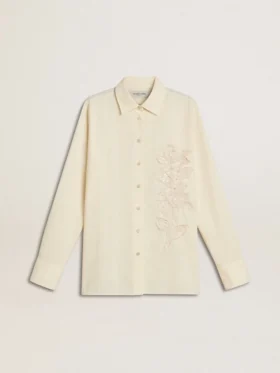 Chemise en coton couleur crème pour femme avec broderies florales
