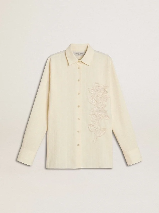Chemise en coton couleur crème pour femme avec broderies florales