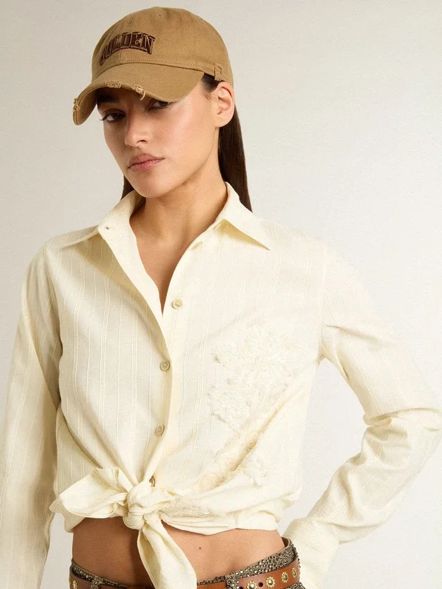 Chemise en coton couleur crème pour femme avec broderies florales