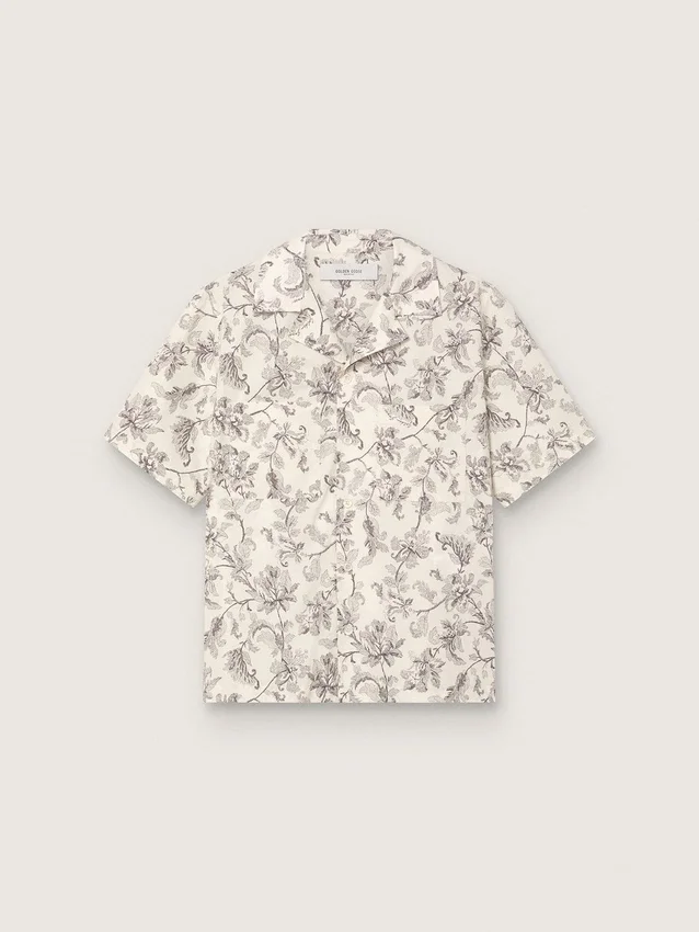 Chemise en coton à manches courtes pour homme, imprimé floral noir et blanc