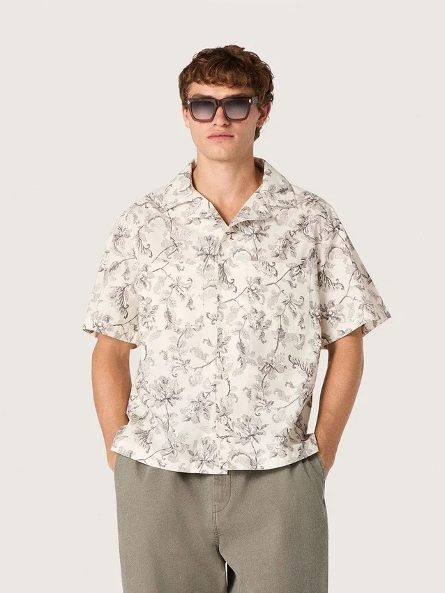 Chemise en coton à manches courtes pour homme, imprimé floral noir et blanc