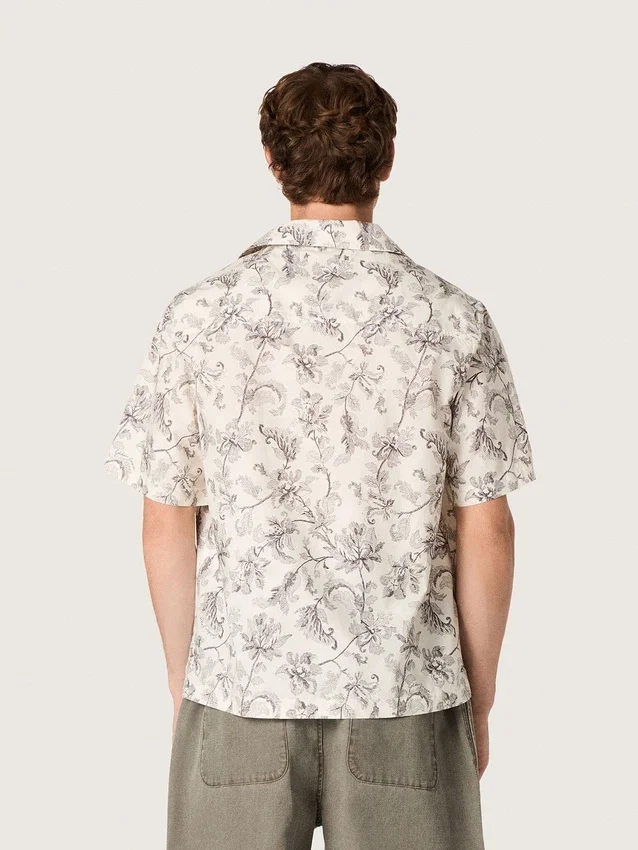 Chemise en coton à manches courtes pour homme, imprimé floral noir et blanc