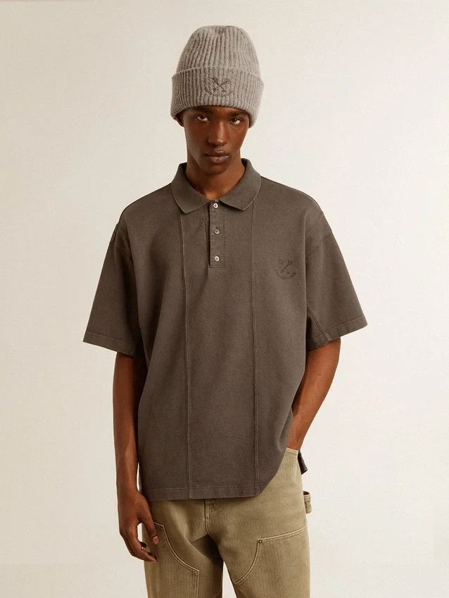 Chemise en coton pour homme, gris anthracite, avec broderie