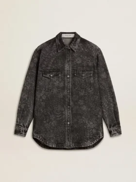 Chemise en denim noir pour femme avec motif floral ton sur ton