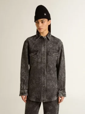 Chemise en denim noir pour femme avec motif floral ton sur ton