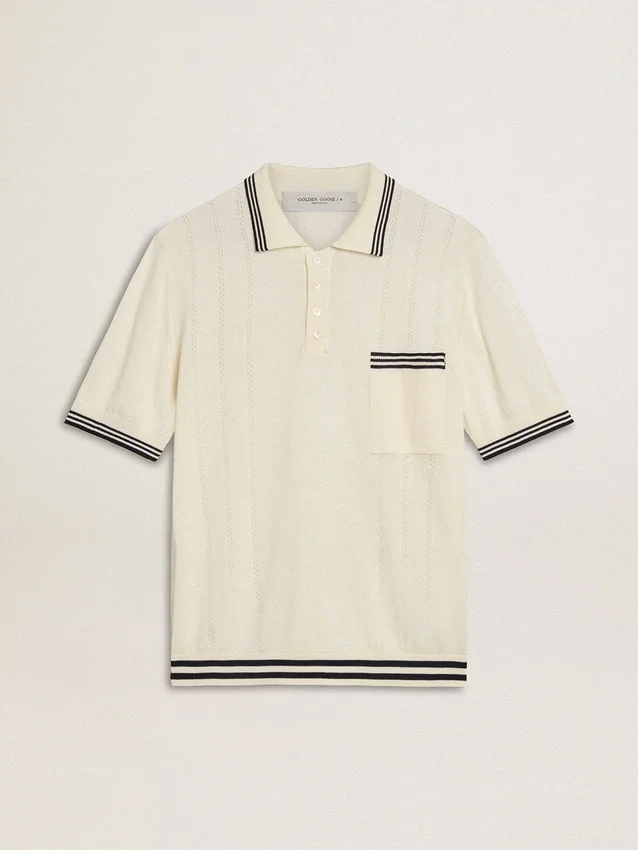 Chemise en maille blanche délavée pour homme avec bordures bleues