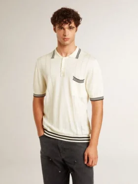 Chemise en maille blanche délavée pour homme avec bordures bleues