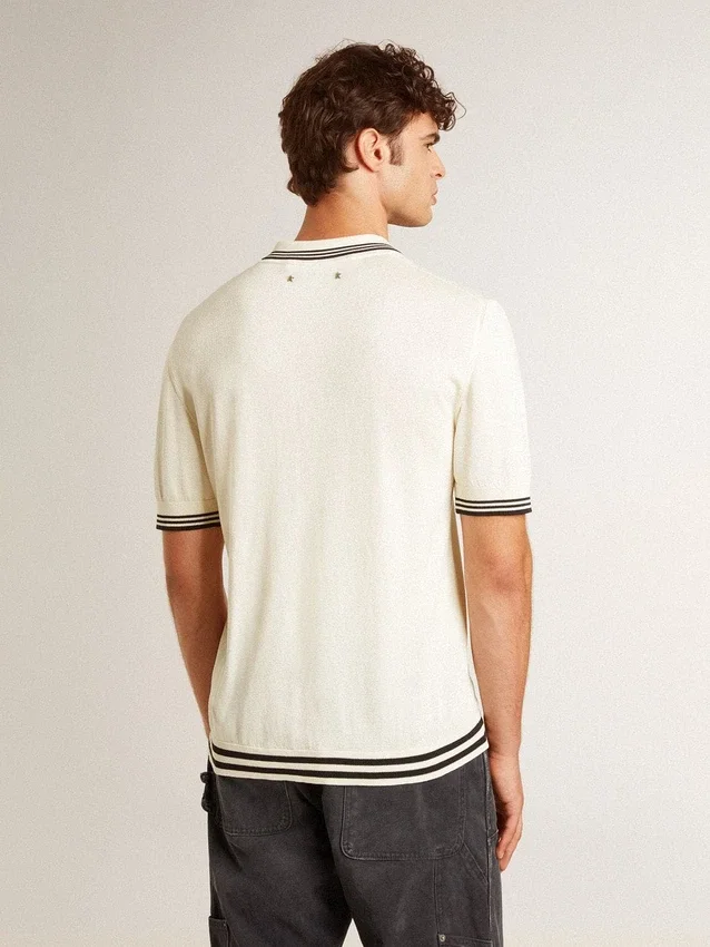 Chemise en maille blanche délavée pour homme avec bordures bleues