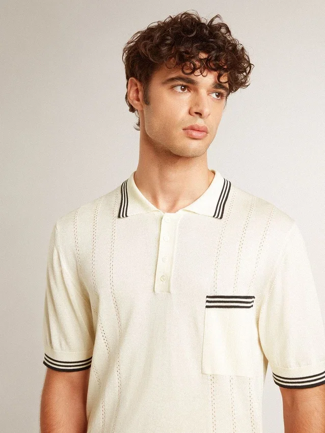 Chemise en maille blanche délavée pour homme avec bordures bleues