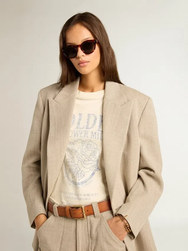 Chemise femme en coton blanc vieilli avec imprimé vintage