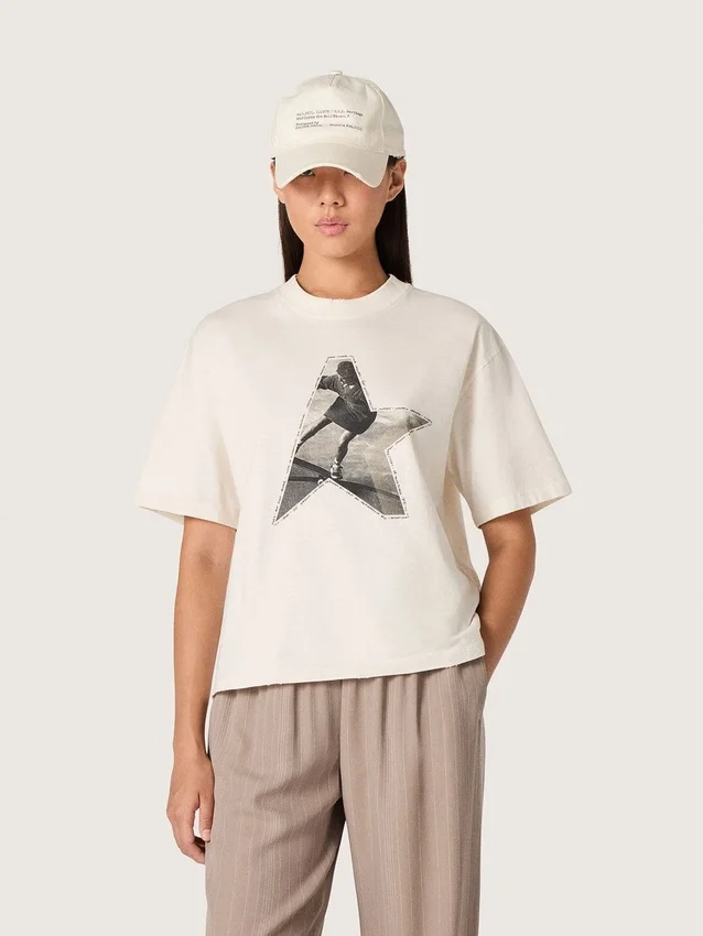 Chemise femme en jersey de coton blanc à imprimé étoiles