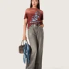 Chemise femme en jersey de coton couleur rouille à imprimé floral