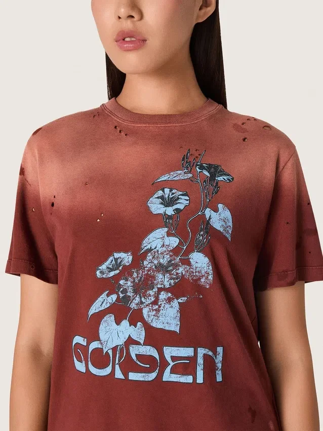 Chemise femme en jersey de coton couleur rouille à imprimé floral