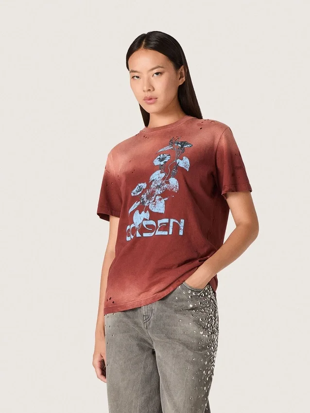 Chemise femme en jersey de coton couleur rouille à imprimé floral