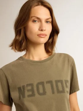 Chemise femme vert olive avec lettrage doré