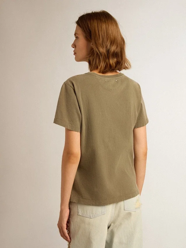 Chemise femme vert olive avec lettrage doré