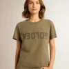 Chemise femme vert olive avec lettrage doré