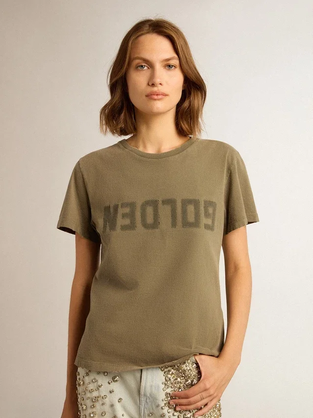 Chemise femme vert olive avec lettrage doré