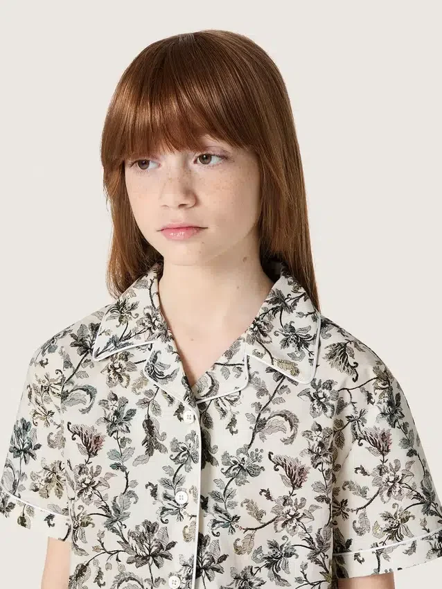 Chemise à manches courtes Journey pour fille, en toile de coton blanche avec un imprimé floral vert