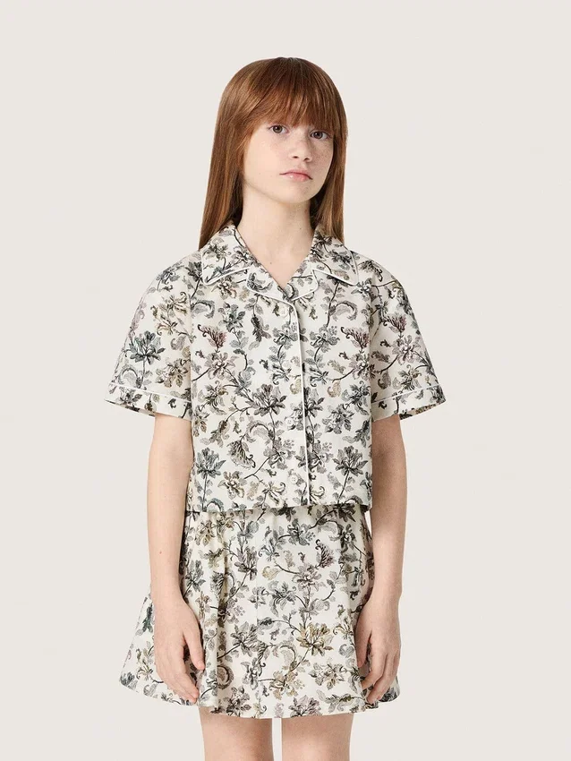 Chemise à manches courtes Journey pour fille, en toile de coton blanche avec un imprimé floral vert