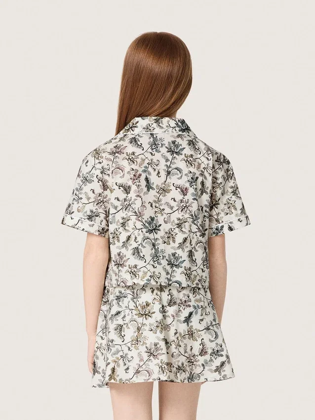 Chemise à manches courtes Journey pour fille, en toile de coton blanche avec un imprimé floral vert