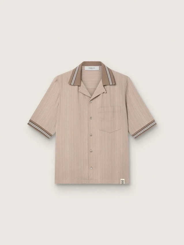 Chemise à manches courtes pour homme en laine fine grise à fines rayures
