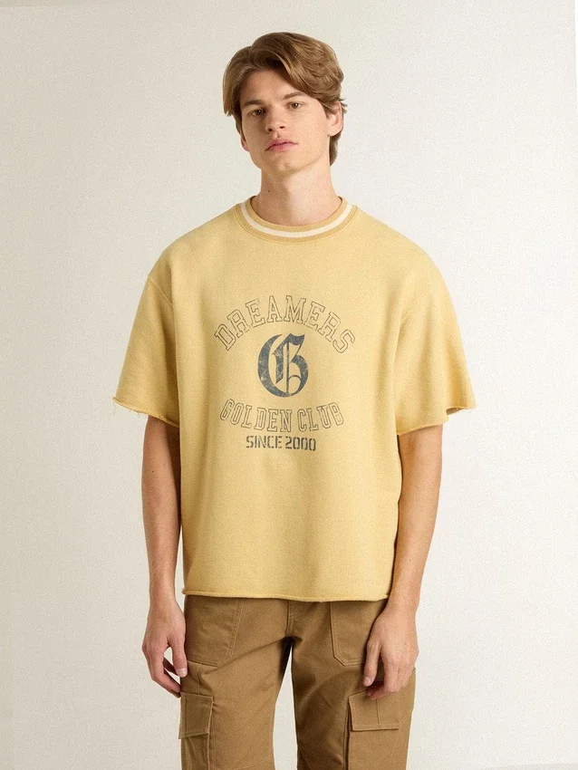 Chemise oversize en coton jaune pour homme avec imprimé bleu