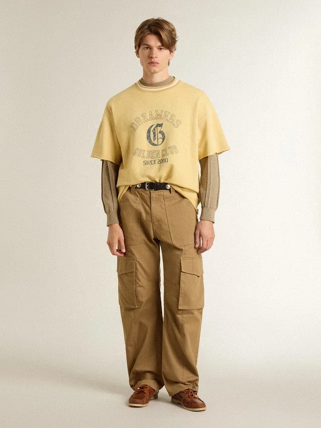 Chemise oversize en coton jaune pour homme avec imprimé bleu