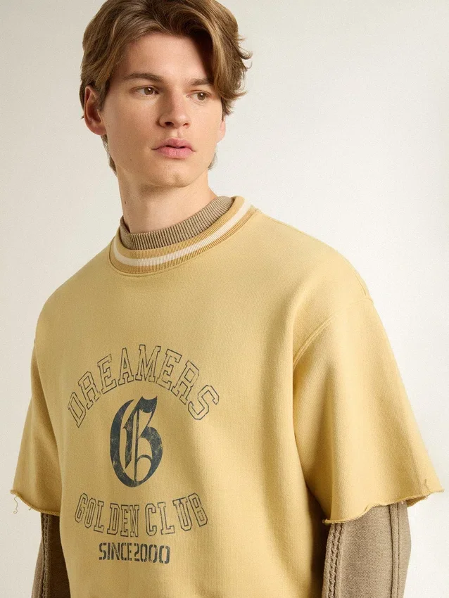 Chemise oversize en coton jaune pour homme avec imprimé bleu