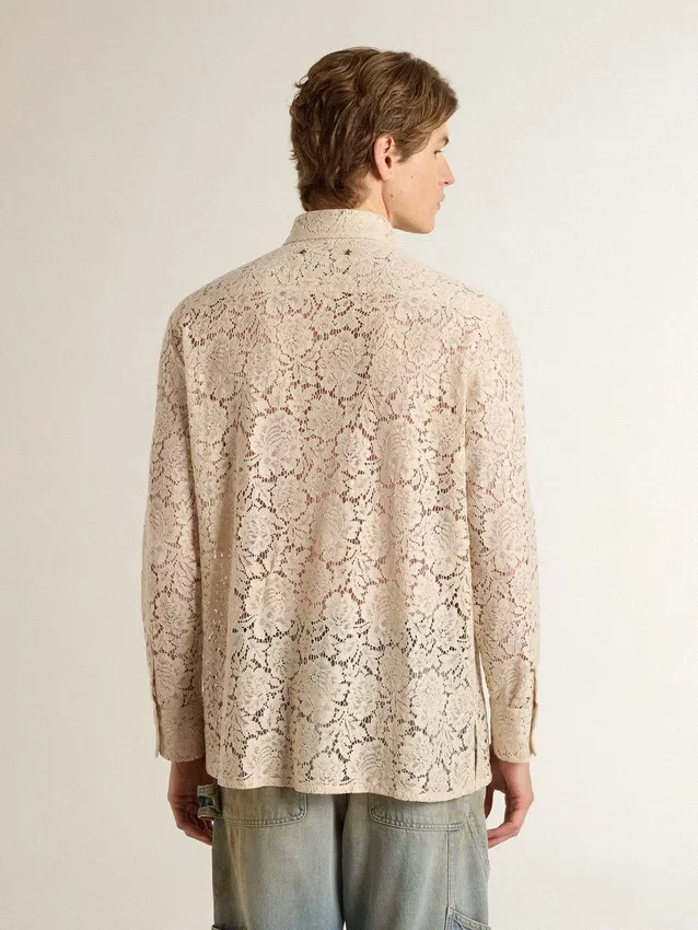 Chemise oversize en dentelle transparente couleur crème