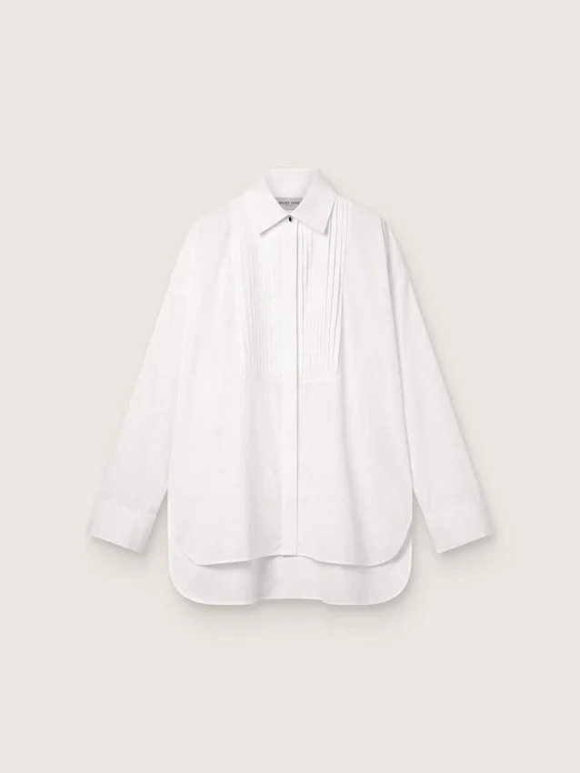 Chemise oversize pour femme en coton blanc avec plis et boutons décoratifs