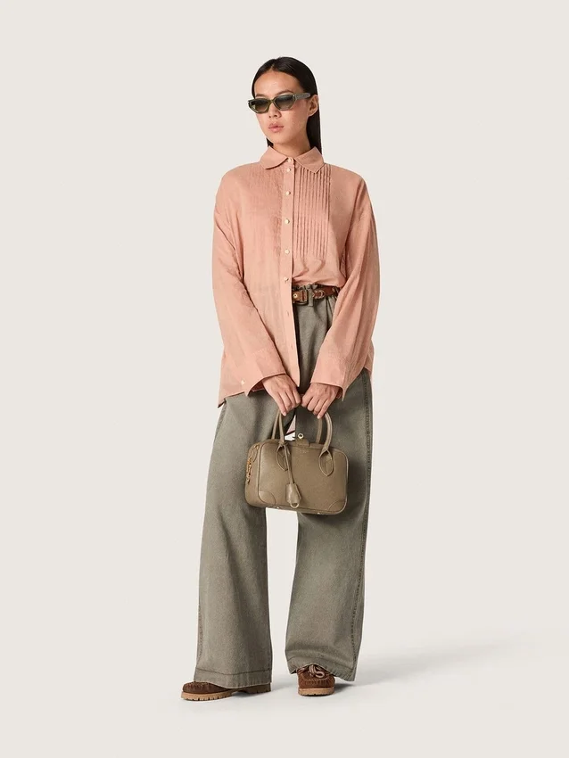 Chemise oversize pour femme en voile de coton corail avec détails plissés