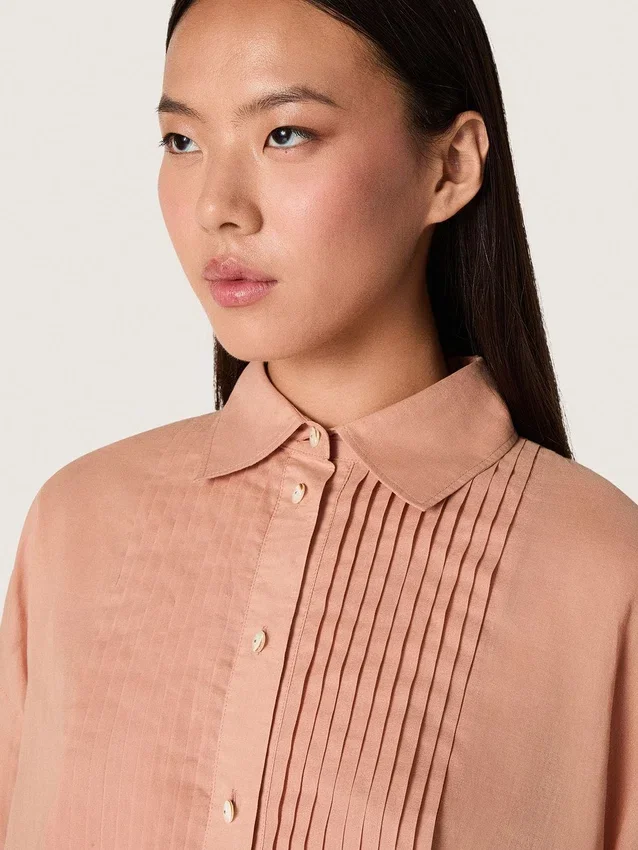 Chemise oversize pour femme en voile de coton corail avec détails plissés