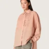 Chemise oversize pour femme en voile de coton corail avec détails plissés