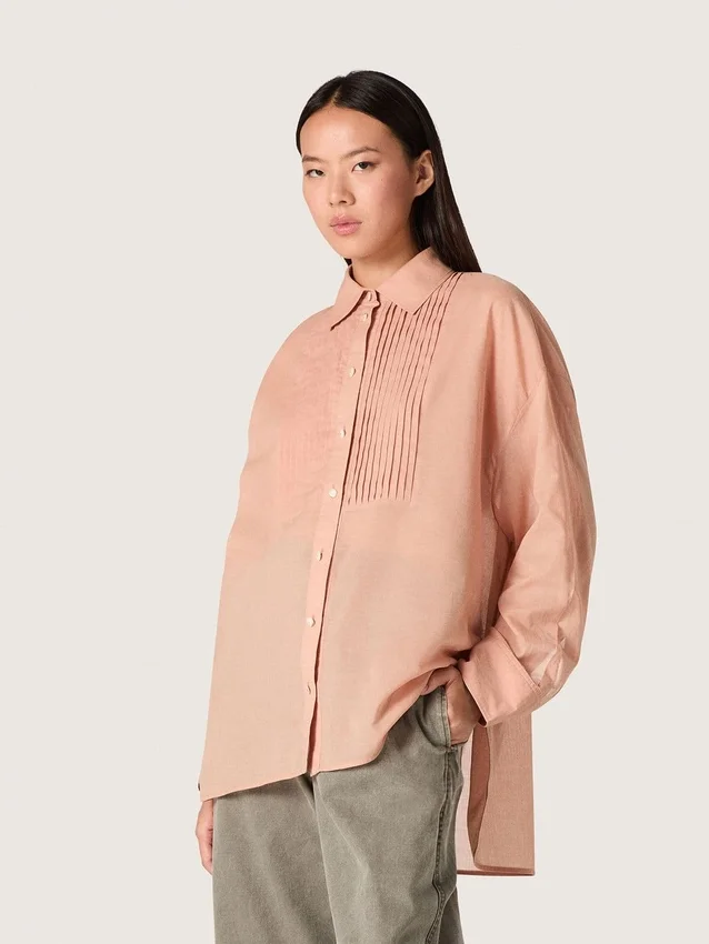 Chemise oversize pour femme en voile de coton corail avec détails plissés